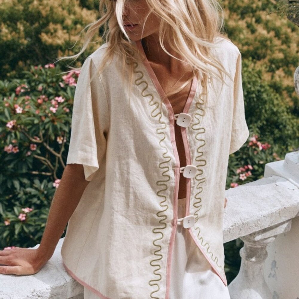 VRG GRL Cultivate Linen Shirt Swirl Cream Button-Front Tunic Top